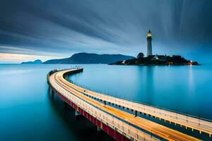 ein lange Exposition Foto von ein Brücke Über Wasser mit ein Leuchtturm im das Hintergrund. KI-generiert