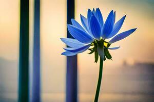 ein Blau Blume ist Stehen im Vorderseite von ein Fenster. KI-generiert foto