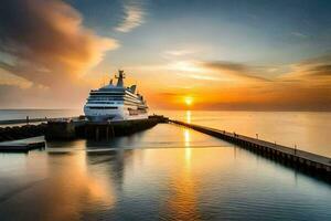 ein Kreuzfahrt Schiff angedockt beim das Seebrücke beim Sonnenuntergang. KI-generiert foto