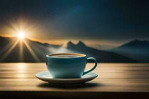 Kaffee Tasse auf das Tisch, Sonnenaufgang, Berge, Sonnenaufgang, das Sonne, das Himmel,. KI-generiert foto