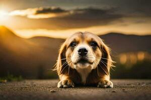 ein Hund Verlegung auf das Boden mit das Sonne Rahmen hinter Es. KI-generiert foto