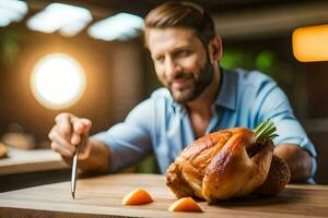 ein Mann ist Schneiden ein Truthahn auf ein Schneiden Tafel. KI-generiert foto