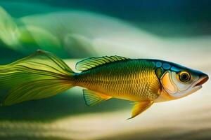 ein Fisch mit ein Grün Schwanz und Gelb Flossen. KI-generiert foto