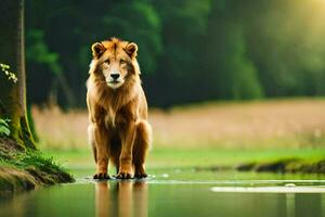 ein Löwe Stehen im das Wasser in der Nähe von ein Wald. KI-generiert foto