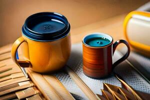 zwei Kaffee Tassen und ein hölzern Tablett mit ein Löffel. KI-generiert foto