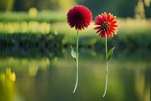 zwei rot Blumen sind Stehen im das Wasser. KI-generiert foto