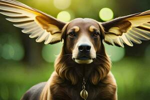 ein Hund mit Flügel auf es ist Kopf. KI-generiert foto