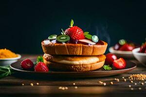 ein Stapel von Pfannkuchen mit Erdbeeren und Käse. KI-generiert foto