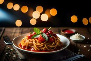 Spaghetti mit Tomate Soße und Basilikum auf ein Platte. KI-generiert foto