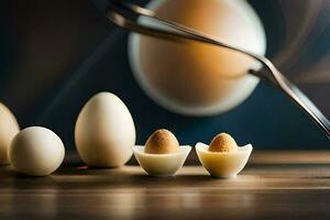 Eier sind vereinbart worden im ein Reihe auf ein Tisch. KI-generiert foto