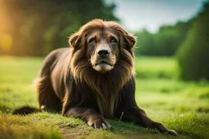 ein groß braun Hund Verlegung im das Gras. KI-generiert foto