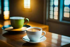 zwei Tassen von Kaffee auf ein Tabelle im Vorderseite von ein Fenster. KI-generiert foto