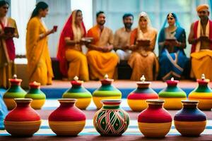 indisch Frauen im bunt Saris Sitzung um ein Tabelle mit bunt Vasen. KI-generiert foto