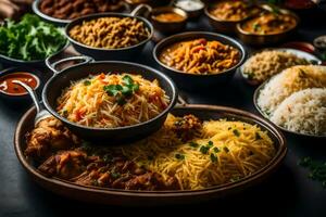 indisch Essen Geschirr auf ein Tisch. KI-generiert foto
