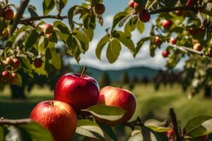 Äpfel auf ein Baum im ein Feld. KI-generiert foto