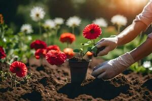 ein Person im Handschuhe ist Pflanzen Blumen im ein Garten. KI-generiert foto