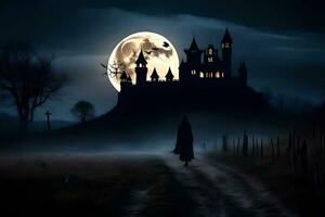 Halloween Schloss im das dunkel mit ein voll Mond. KI-generiert foto
