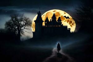 ein Person Gehen im Vorderseite von ein Schloss im das dunkel. KI-generiert foto