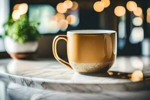 ein Kaffee Tasse auf ein Marmor Tisch. KI-generiert foto