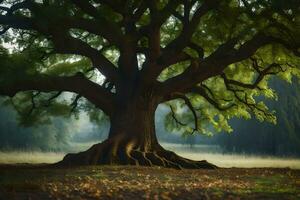 ein alt Eiche Baum im das Mitte von ein Feld. KI-generiert foto