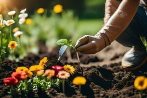 ein Person ist Pflanzen Blumen im das Garten. KI-generiert foto