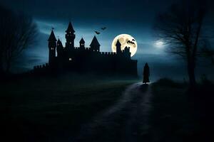 Halloween Schloss im das dunkel mit Fledermäuse fliegend Über Es. KI-generiert foto
