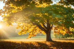 ein Baum im das Sonne mit Blätter fallen. KI-generiert foto