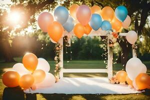 ein Hochzeit Bogen mit Luftballons und Blumen. KI-generiert foto