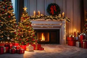 Weihnachten Baum im Vorderseite von Kamin mit die Geschenke. KI-generiert foto