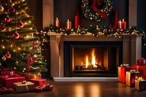 Weihnachten Kamin mit die Geschenke und ein Weihnachten Baum. KI-generiert foto