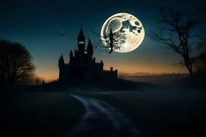 Halloween Schloss mit voll Mond und Fledermäuse fliegend Über Es. KI-generiert foto