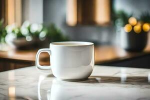 ein Weiß Kaffee Tasse Sitzung auf ein Marmor Schalter. KI-generiert foto