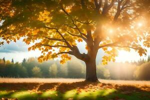 ein Baum ist Stehen im das Mitte von ein Herbst Feld. KI-generiert foto