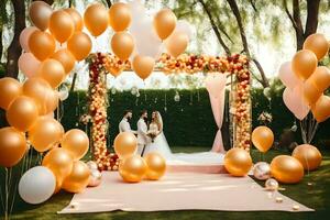 ein Hochzeit Zeremonie mit Luftballons und Blumen. KI-generiert foto