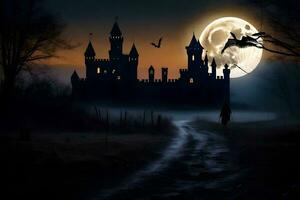 Halloween Schloss mit Fledermäuse fliegend Über es beim Nacht. KI-generiert foto