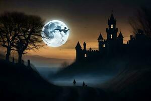 Halloween Schloss mit ein voll Mond im das Hintergrund. KI-generiert foto