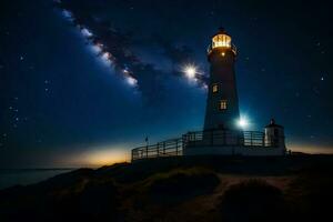 ein Leuchtturm mit Sterne im das Himmel und ein Licht leuchtenden. KI-generiert foto