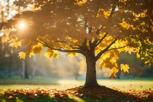 Herbst Baum mit Blätter auf das Boden. KI-generiert foto