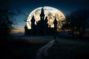 ein Schloss im das Nacht mit ein voll Mond. KI-generiert foto