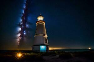 ein Leuchtturm mit ein Star Weg im das Himmel. KI-generiert foto