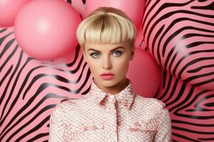 blond Mädchen im Rosa Zebra drucken Hemd im Barbie Stil mit Luftballons. ai generiert foto