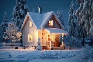 ein klein Wohnung Haus im das Wald im Winter. ai generiert foto