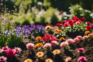 ein Garten mit viele anders Typen von Blumen. KI-generiert foto