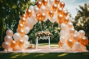 ein Bogen gemacht von Luftballons und Weiß und Gold Blumen. KI-generiert foto