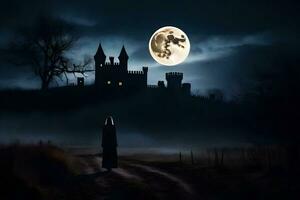 ein Frau Spaziergänge Nieder ein Pfad im Vorderseite von ein Schloss beim Nacht. KI-generiert foto