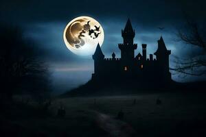 Halloween Schloss mit ein voll Mond im das Himmel. KI-generiert foto