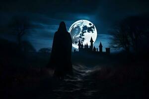 ein Person im ein Mantel ist Gehen im Vorderseite von ein Schloss beim Nacht. KI-generiert foto