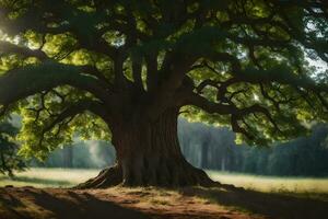 ein alt Eiche Baum im das Mitte von ein Feld. KI-generiert foto