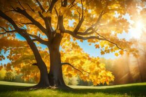 ein Baum mit Gelb Blätter im das Sonne. KI-generiert foto