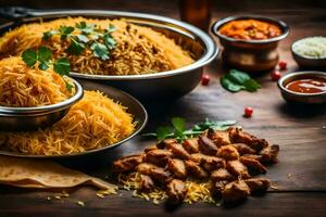 indisch Essen Geschirr auf ein hölzern Tisch. KI-generiert foto